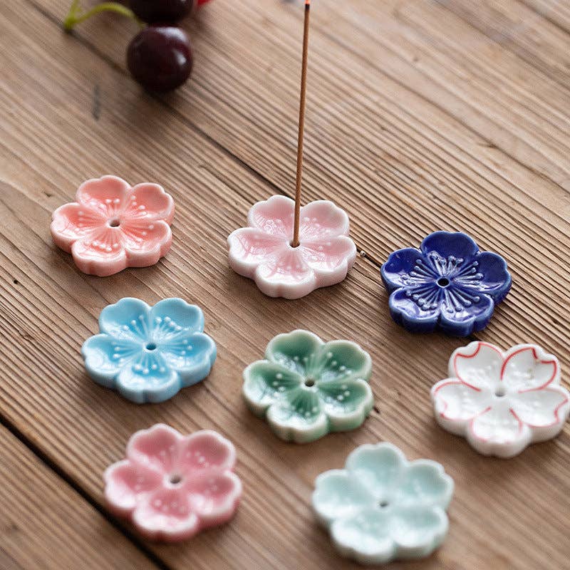 Gohobi - Cherry Blossom Ceramic Incense Holder, Light blue